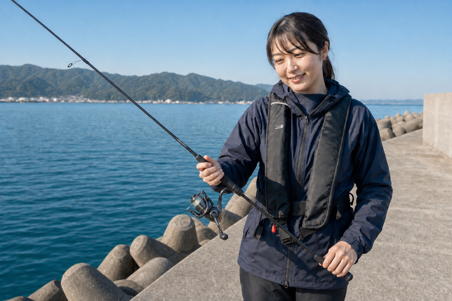 防波堤で細身のロックフィッシュ用スピニングロッドと小型リールを持つ女性