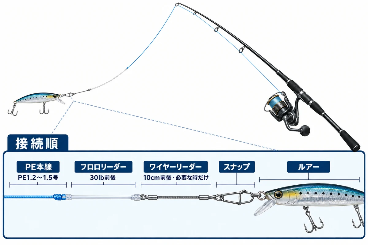 PE本線からフロロリーダー、ワイヤーリーダー、スナップ、ルアーへつなぐタックル図