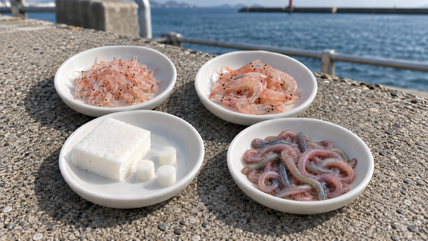サシアミ、小粒オキアミ、はんぺん、虫エサを別々の小皿に並べたイメージ