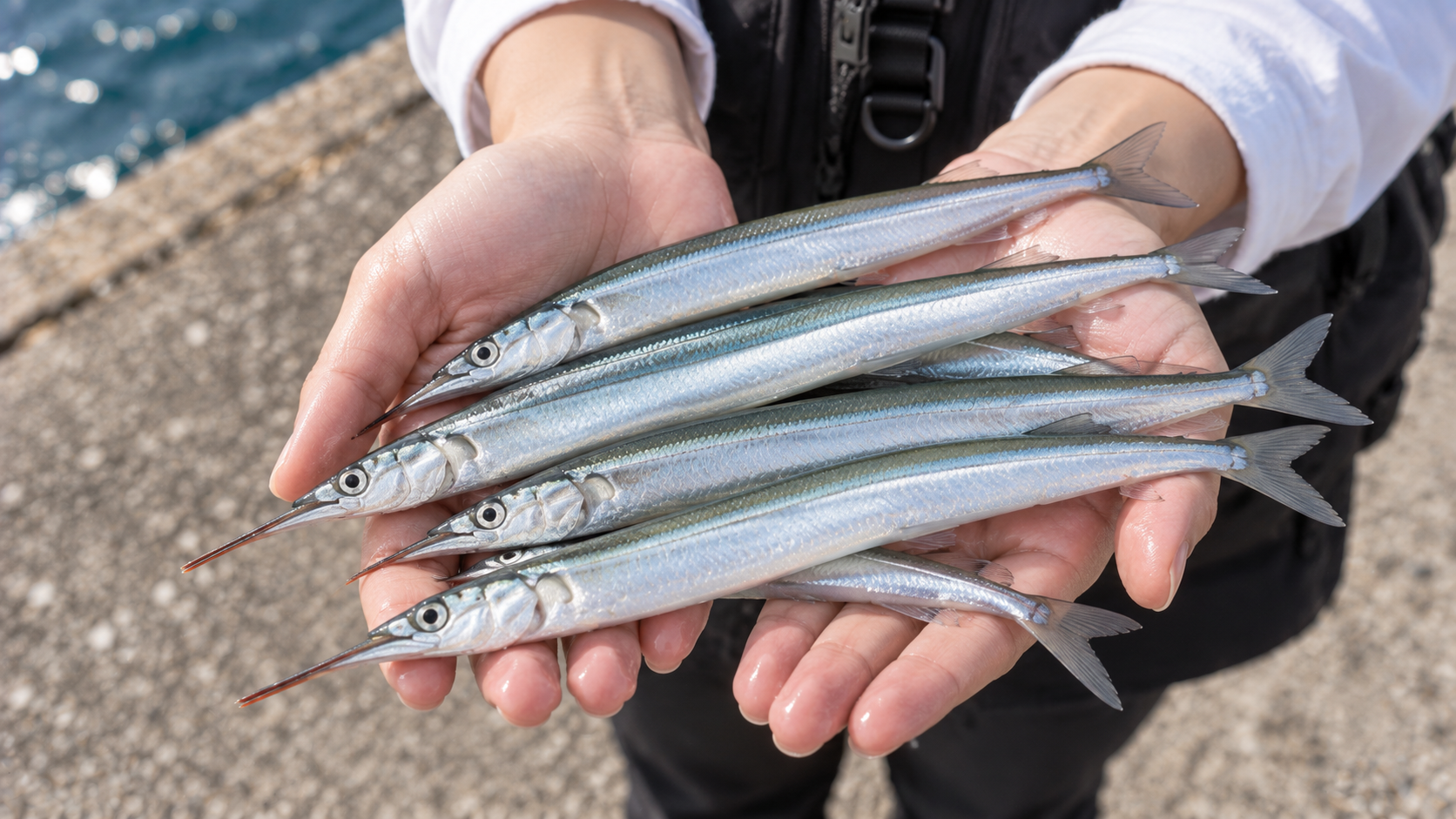 堤防で両手に重ねたサヨリの釣果を見せるイメージ