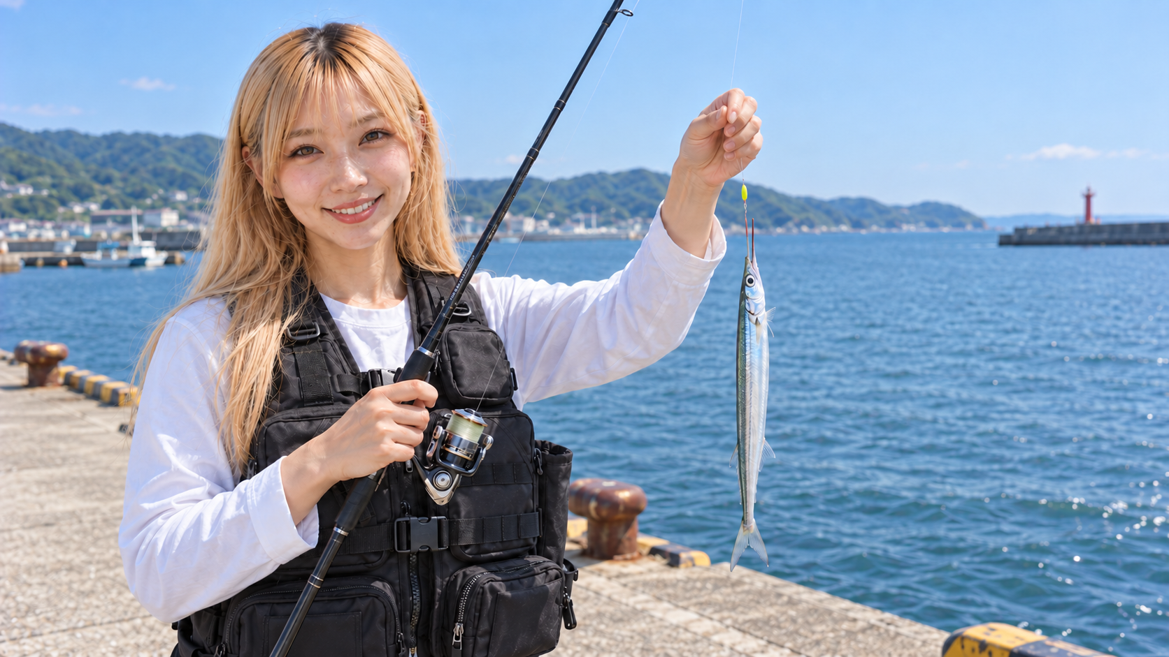 黒いフローティングベストを着た404お姉さんが、堤防で竿と釣れたサヨリを掲げている様子
