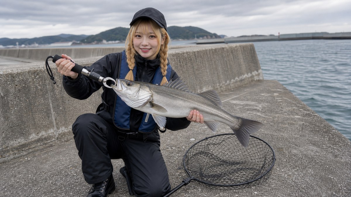 堤防でシーバスの釣果を見せる釣り行きたいモデル