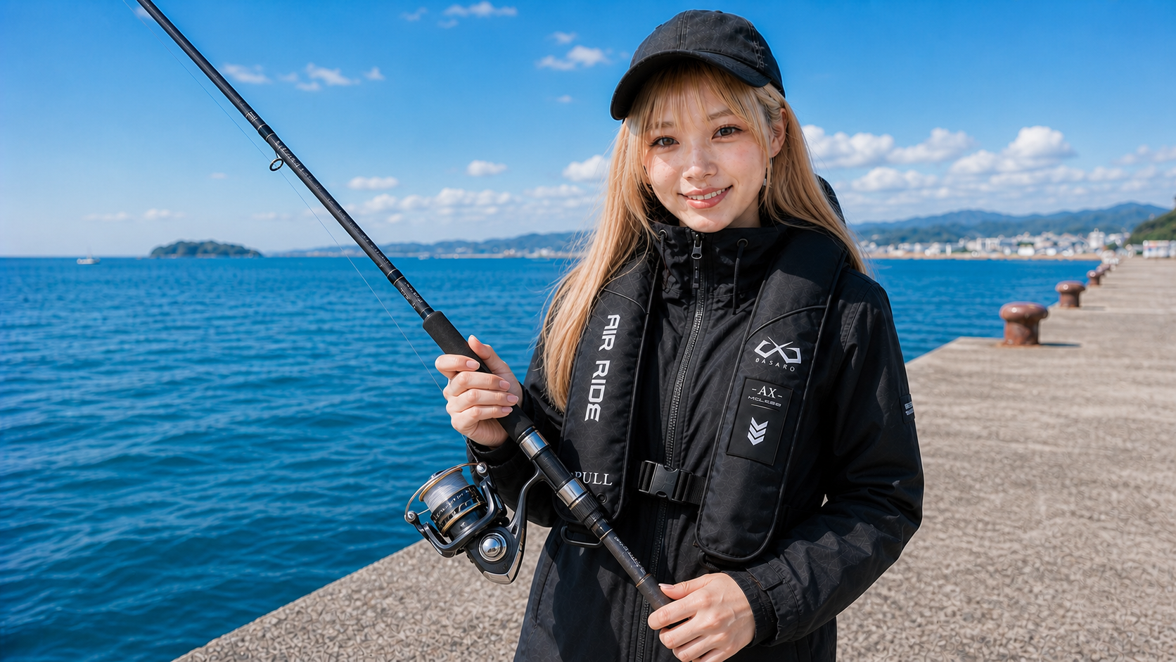 ショアジギング用のロッドとリールを持つ釣り人