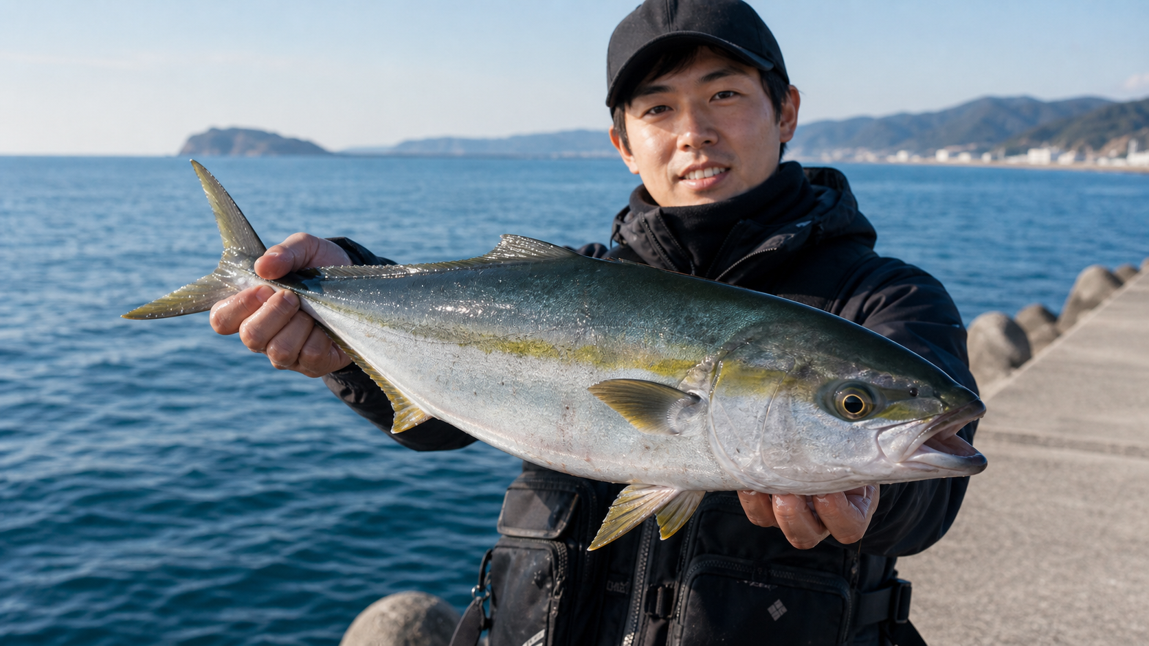 ショアジギングで釣れたブリを持つ釣り人