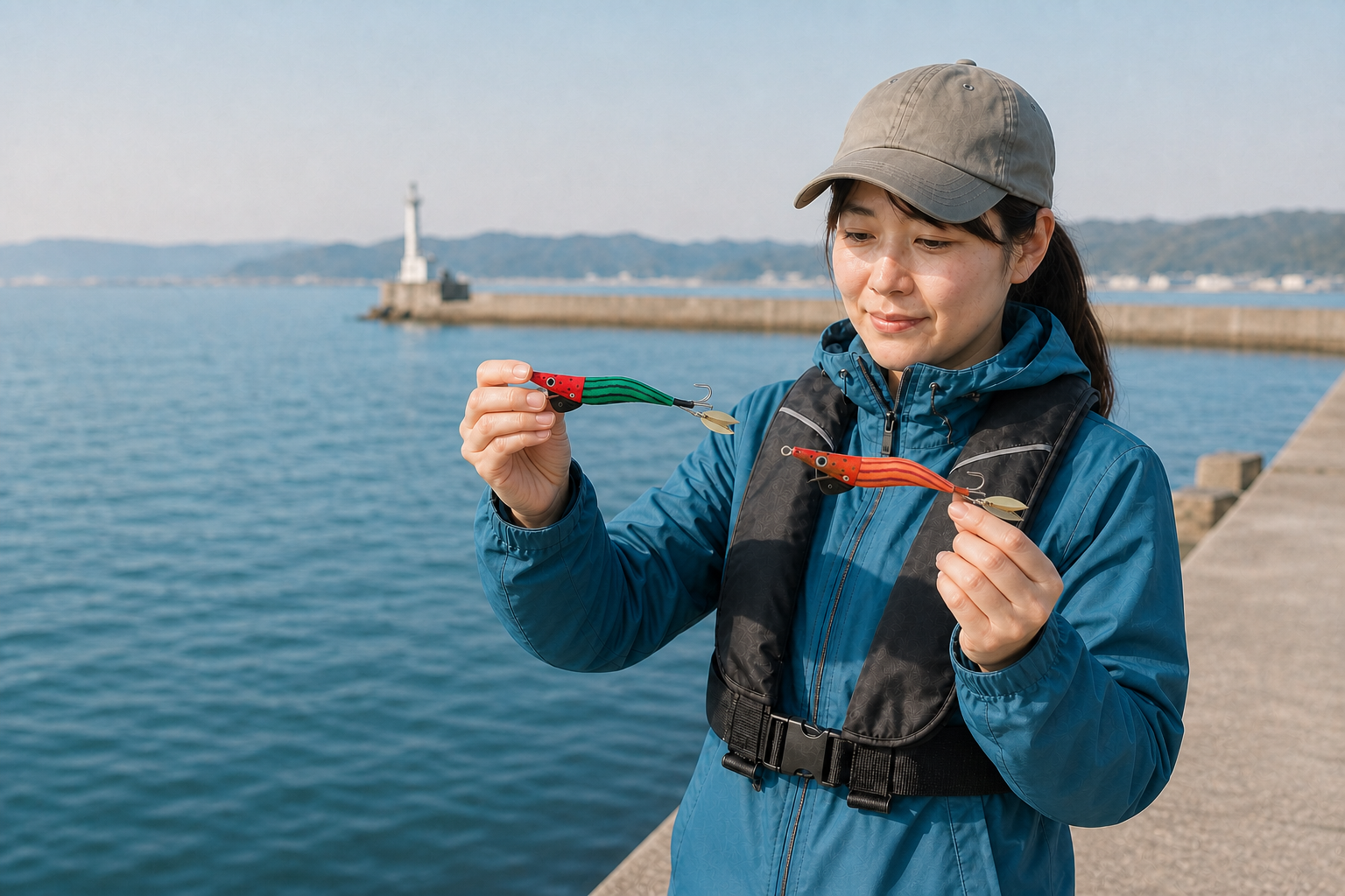 堤防で色の違う2つのタコエギを見比べる女性