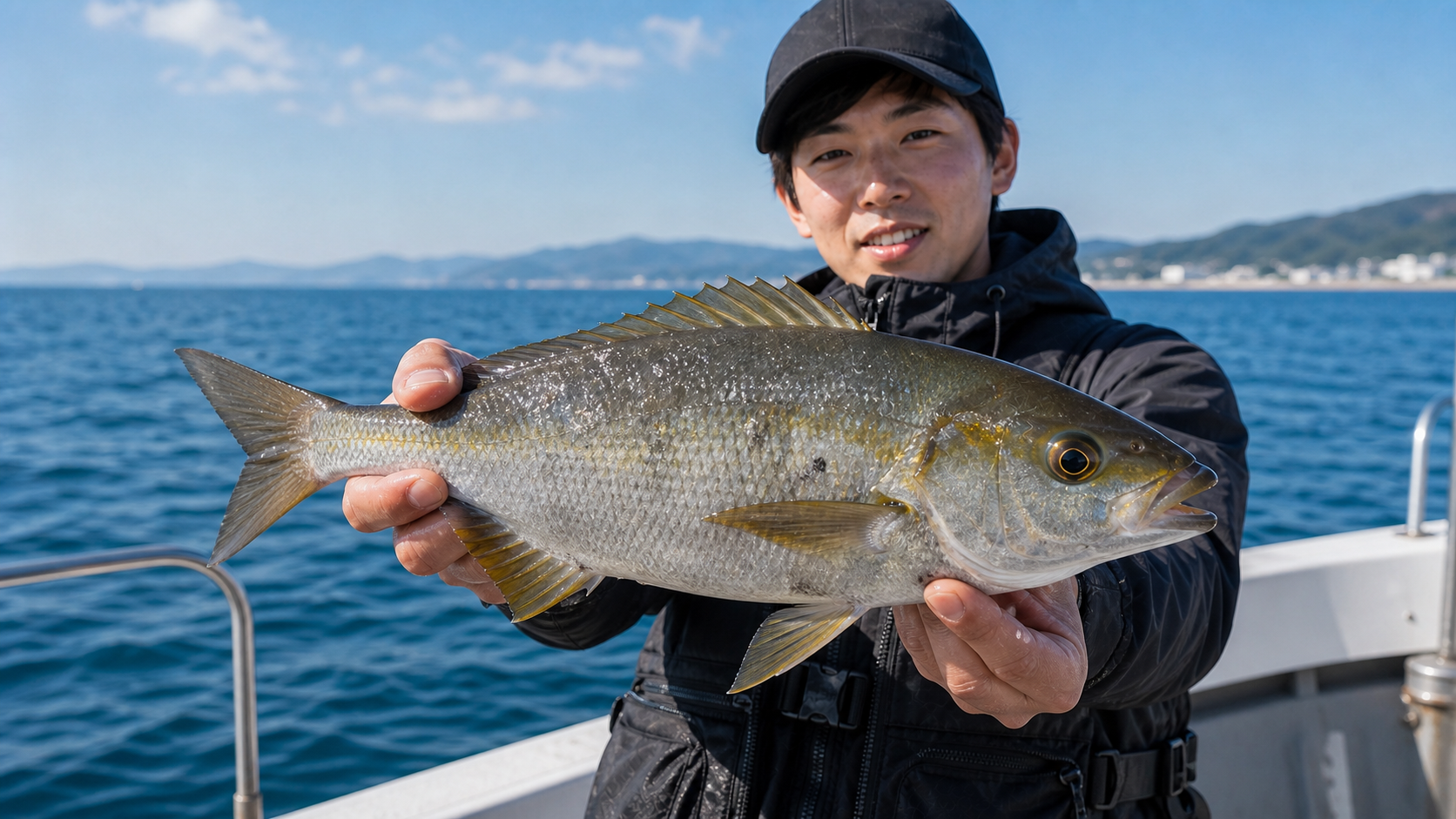 SLJで釣れたイサキを船上で持つ釣り人