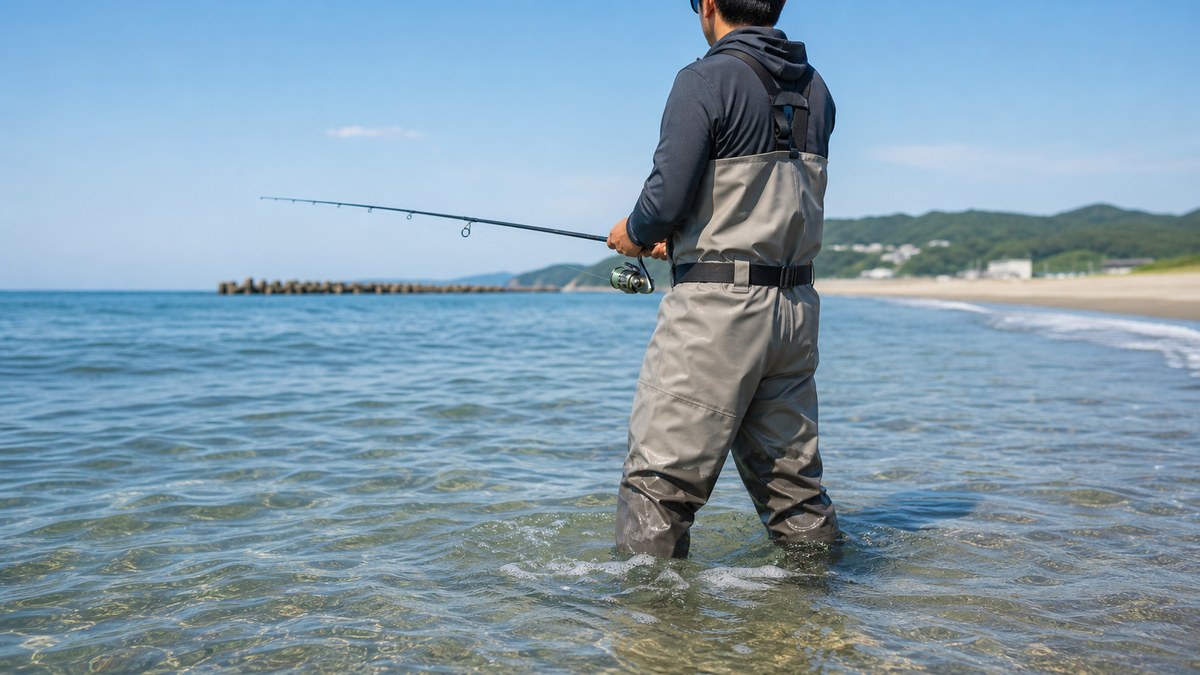 夏の海で透湿防水ウェーダーを履いてウェーディングする釣り人