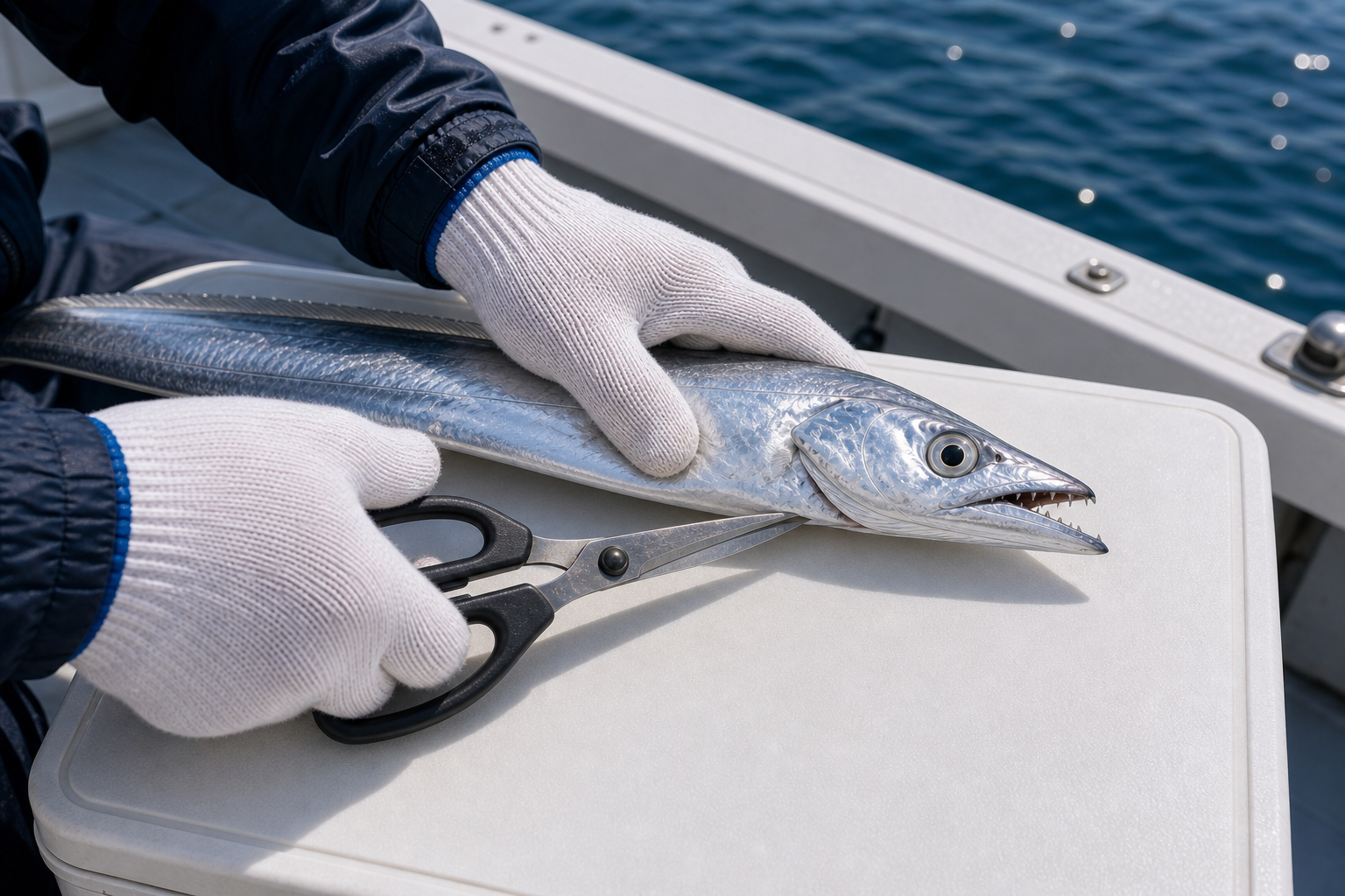 太刀魚の喉元にハサミを当てる血抜き前の船上処理