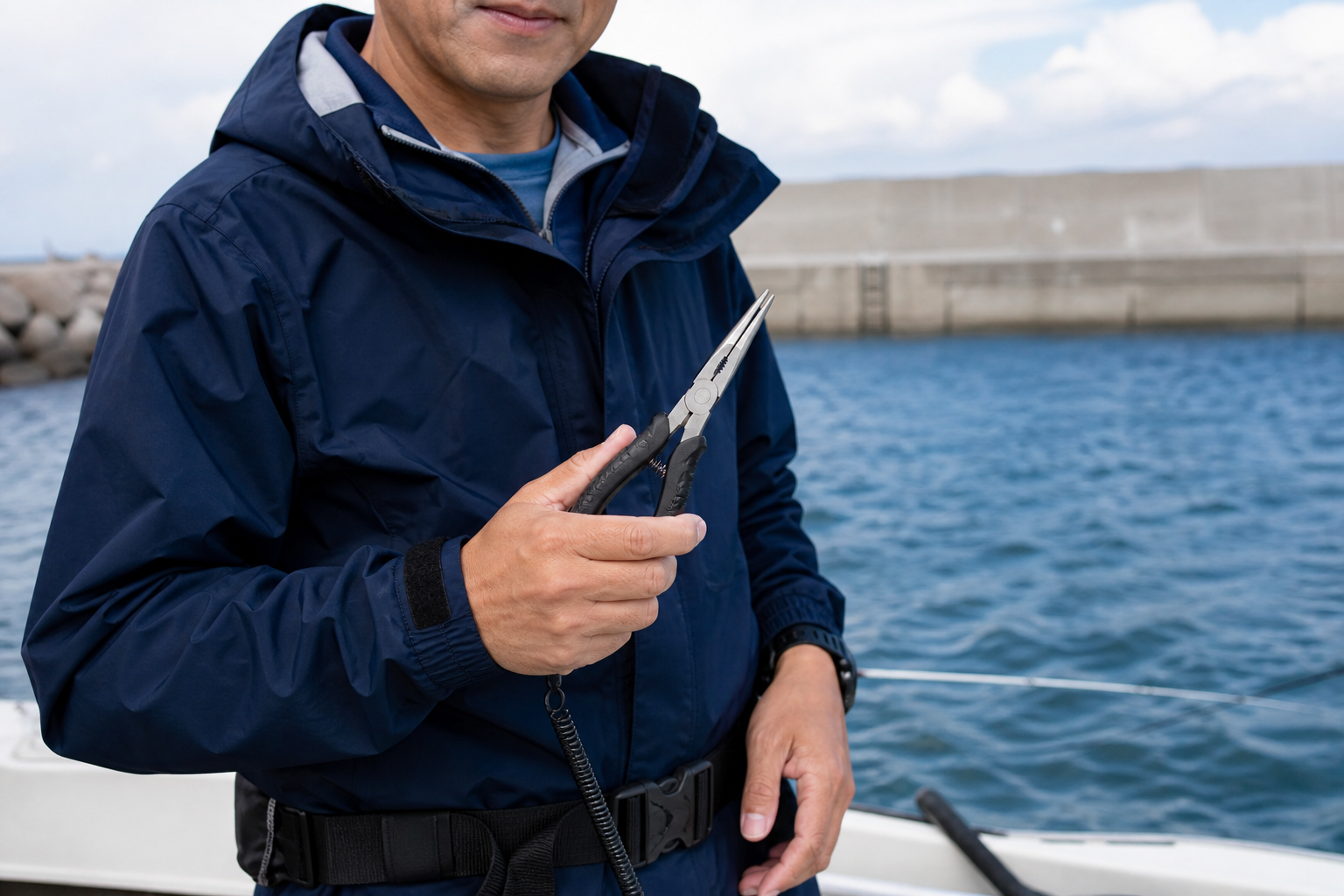 釣り人がロングノーズプライヤーを手にしている様子