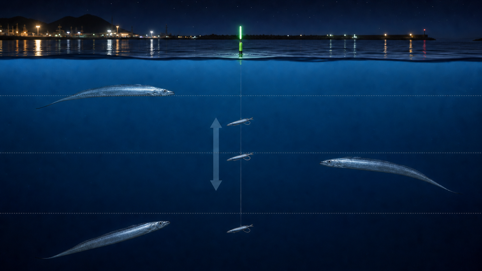 夜の海でタチウオの回遊層に合わせてキビナゴのタナを変える図
