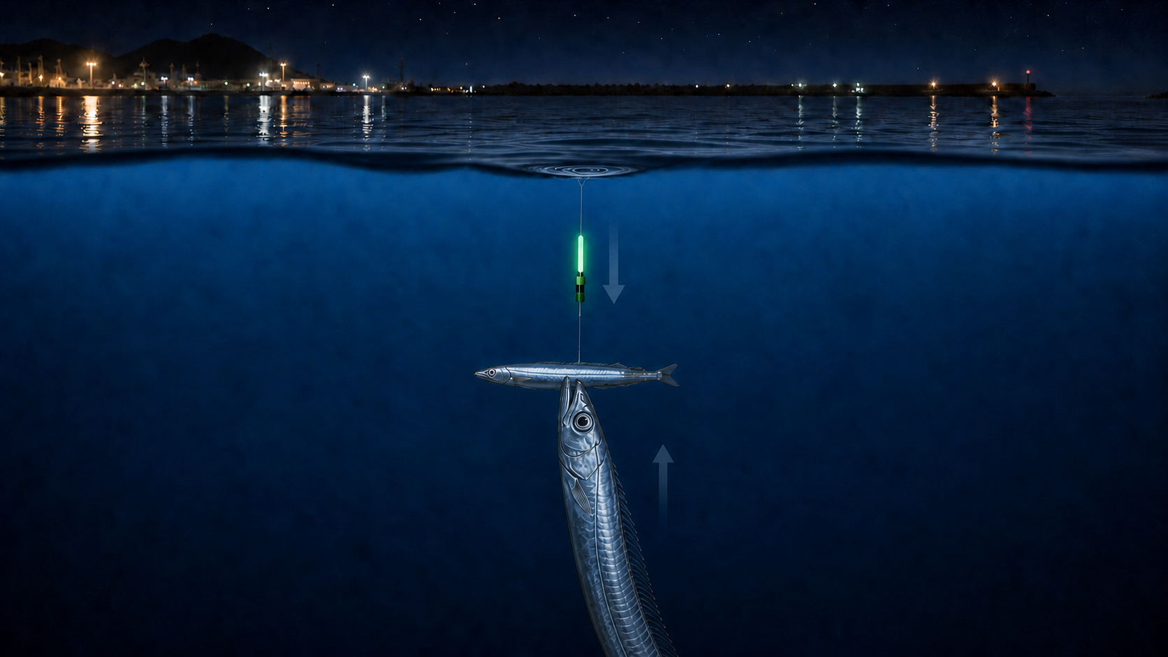 電気ウキが沈みタチウオが下からキビナゴをくわえる前アタリの図