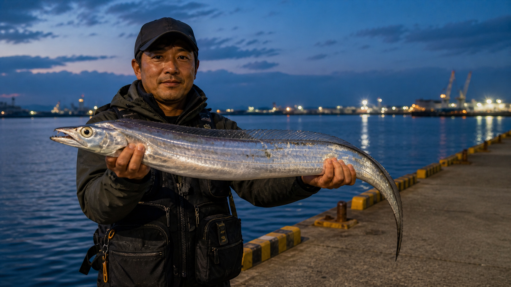 夕方の堤防で釣り上げたタチウオを両手で見せる男性アングラー