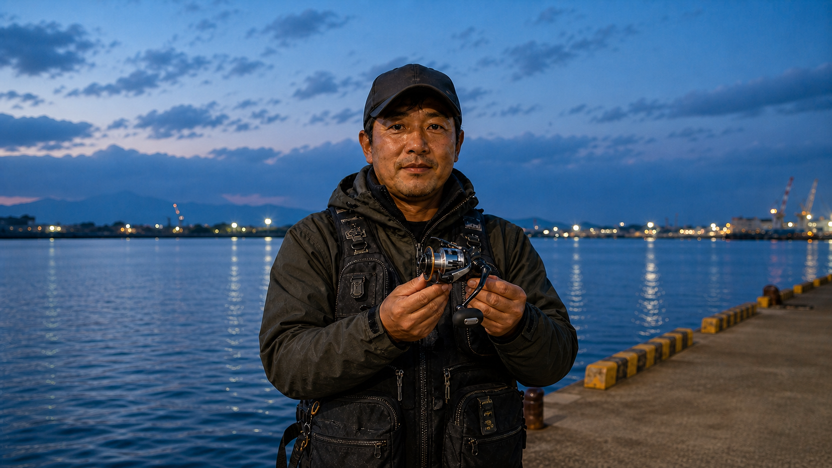 夕方の堤防で黒とシルバーのスピニングリールを両手で見せる男性アングラー