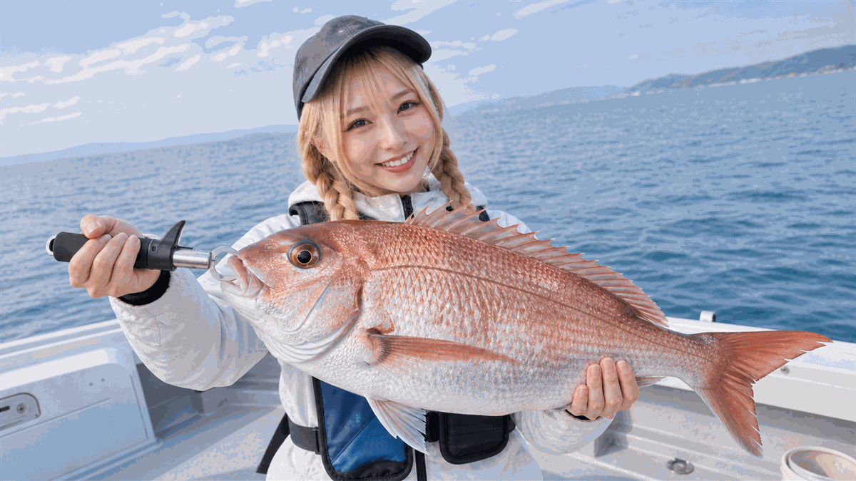船上で真鯛を持つ釣り人
