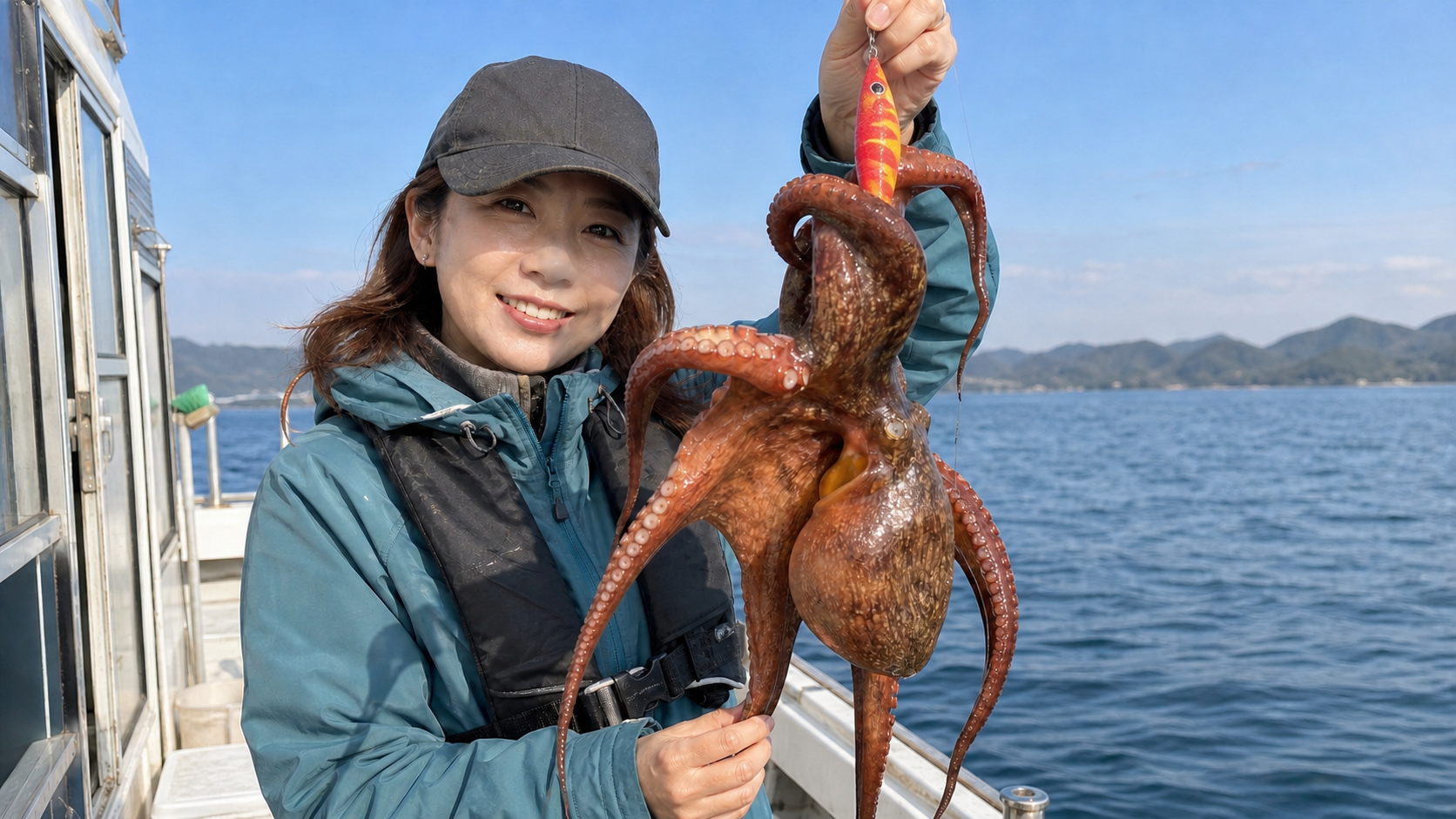 船上でタコエギと釣り上げたマダコを見せる女性