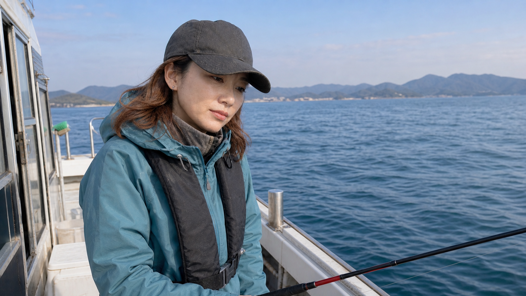 船タコの反応がなく海面を見ながら考える女性