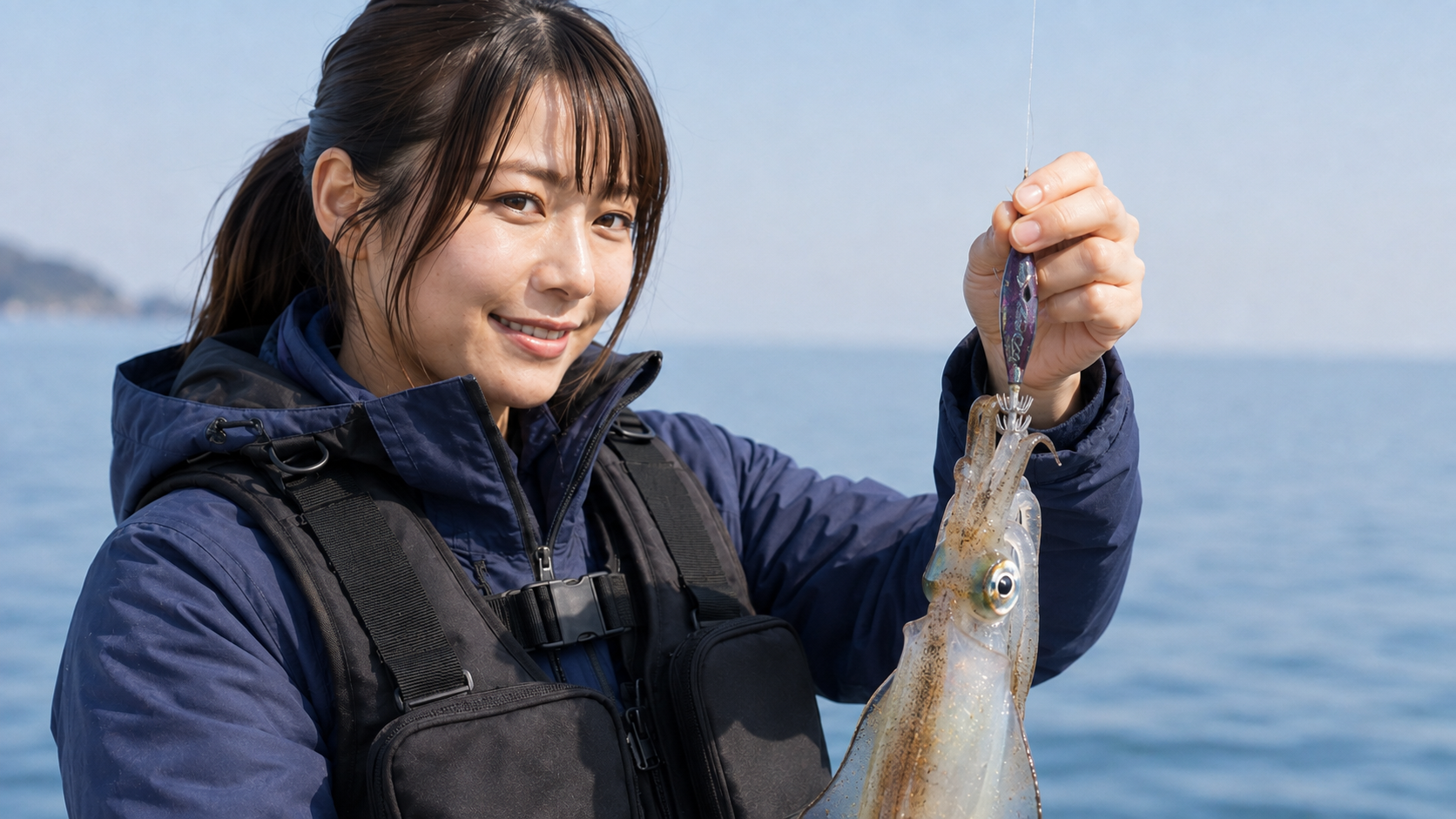 船上でアオリイカとティップランエギを手にして釣果を見せる女性アングラー