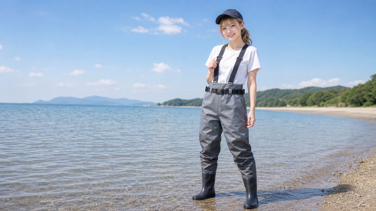 ウエストハイウェーダーで膝下の浅場を歩く着用イメージ