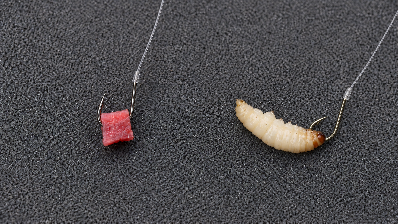 人工エサと浅く針を掛けたぶどう虫を横に並べた写真風イメージ