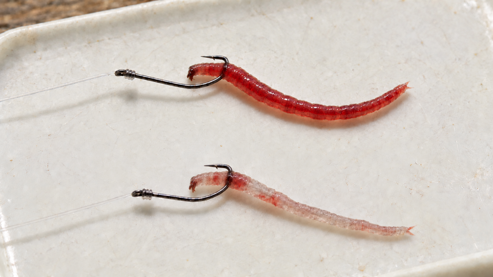 赤虫の先端を少し残して浅く針を掛けた、新しい赤い状態と色が抜けた交換時の写真風イメージ
