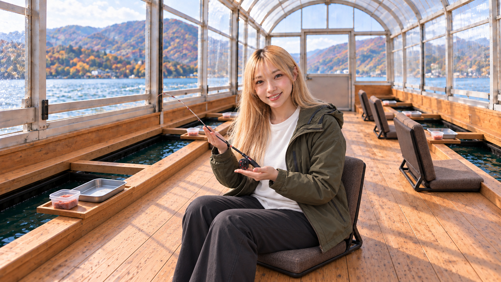 ドーム船内の低い座椅子に座り、小型リール付きの短いワカサギ竿を見せる女性のイメージ