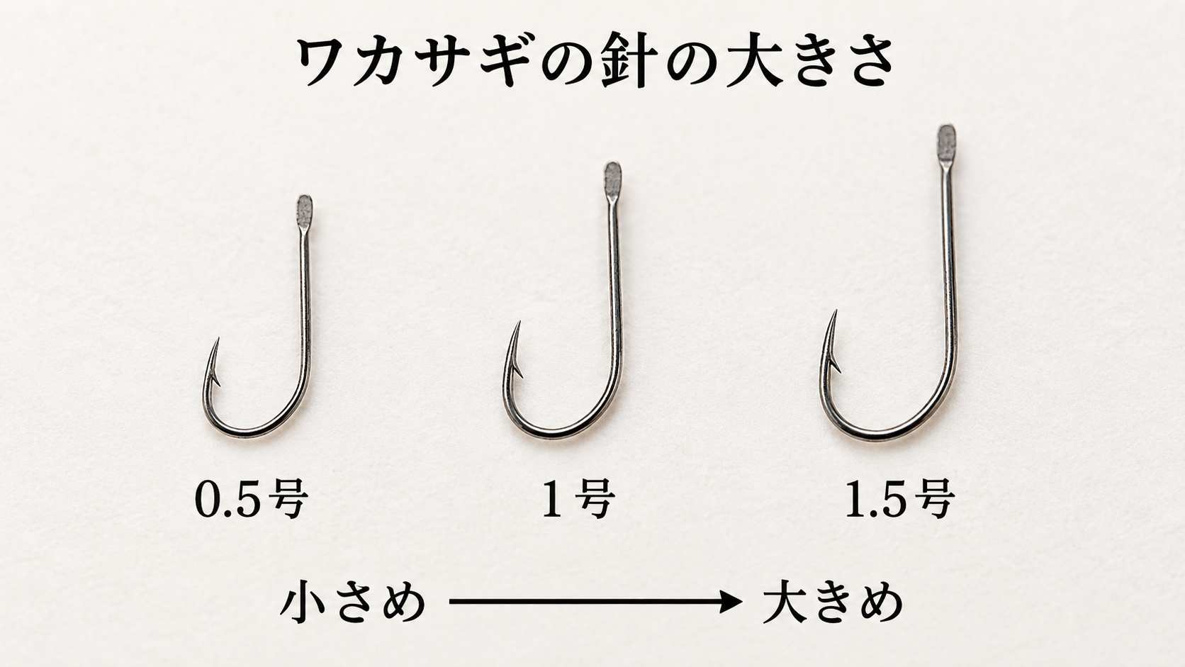同じ形のワカサギ用の針を、0.5号・1号・1.5号の順に並べた大きさの比較イメージ