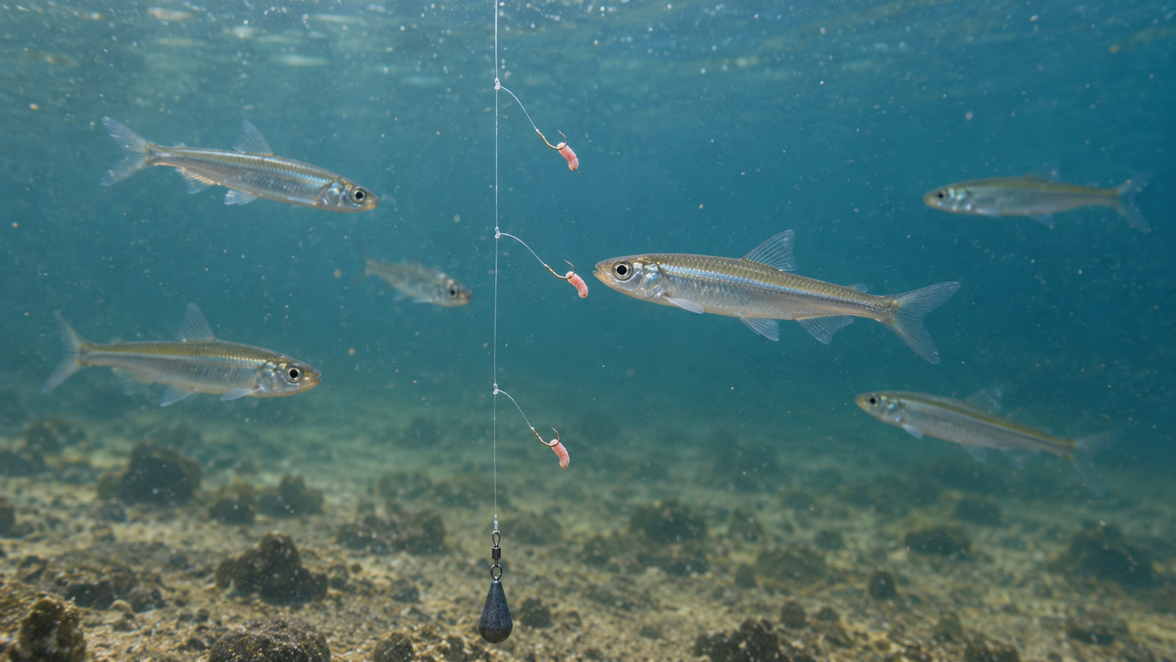 湖中で魚のいる深さに仕掛けを止め、エサにワカサギが近づくイメージ
