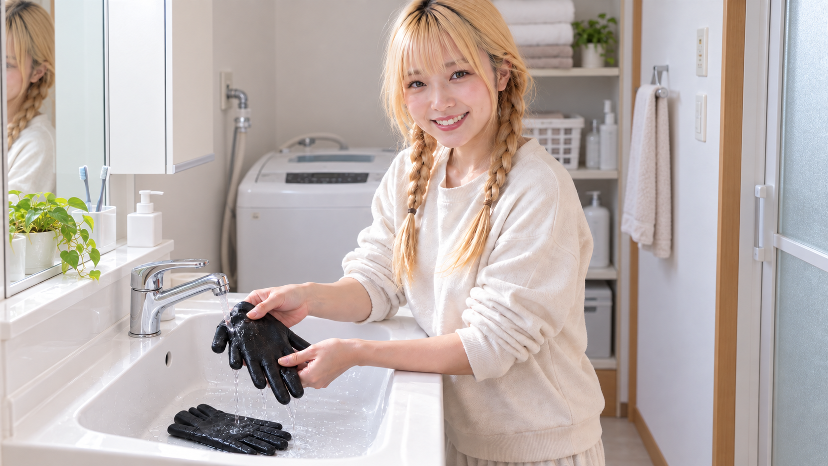 自宅の洗面所で冬用フィッシンググローブを真水ですすぐ女性