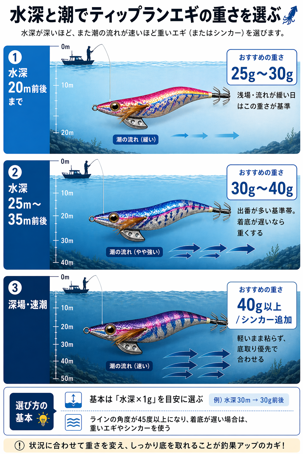 水深と潮でティップランエギの重さを選ぶ目安