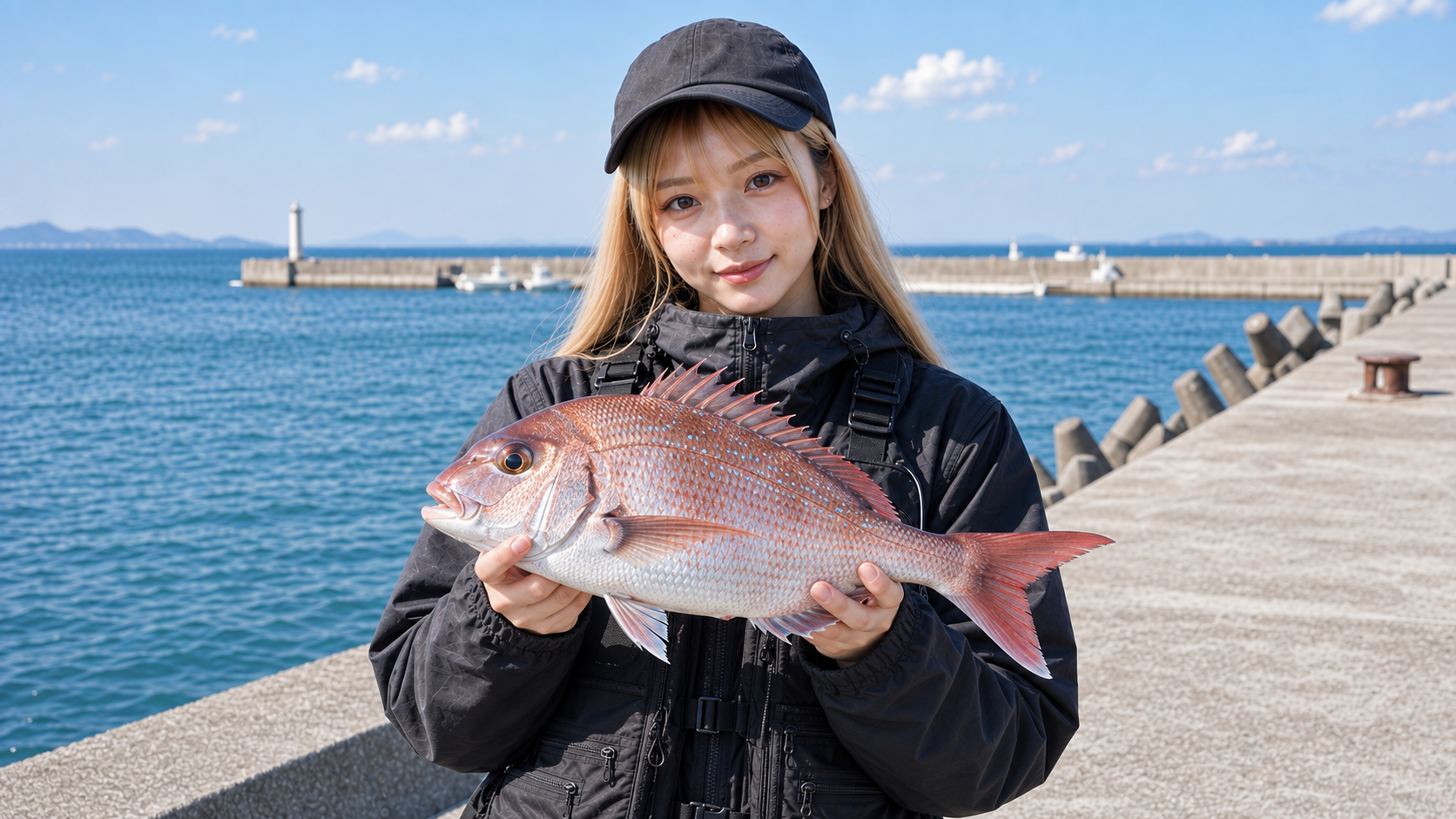 アイキャッチと同じ女性が、港の堤防でマダイを両手に持つ釣果イメージ