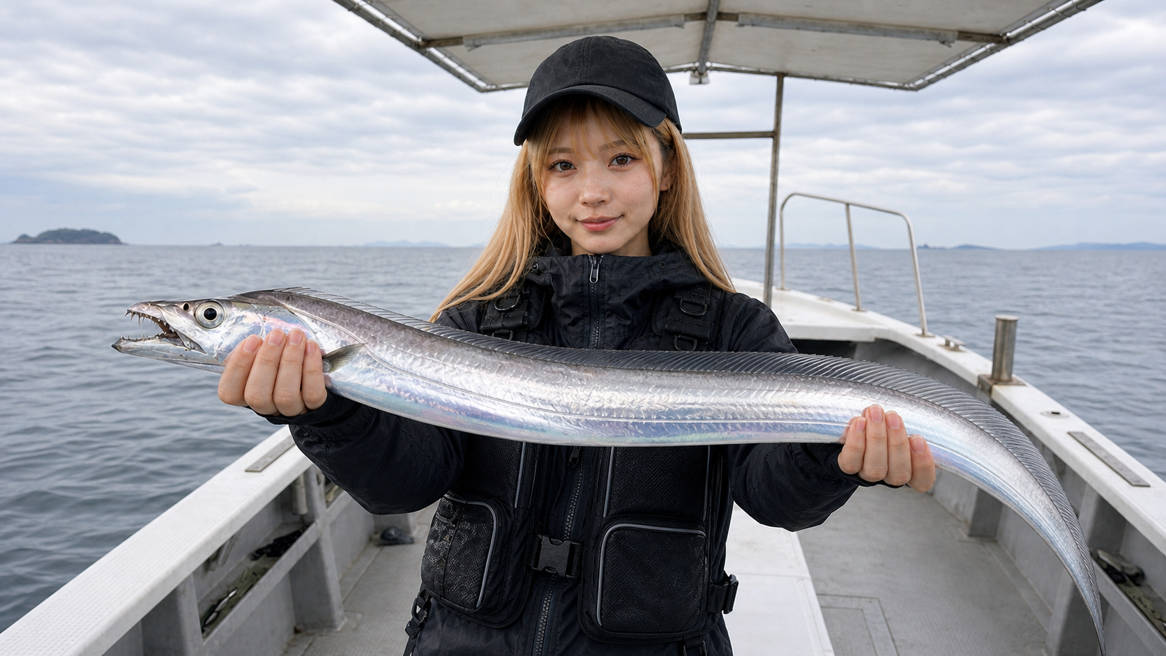 タチウオを横持ちする船上のアングラー