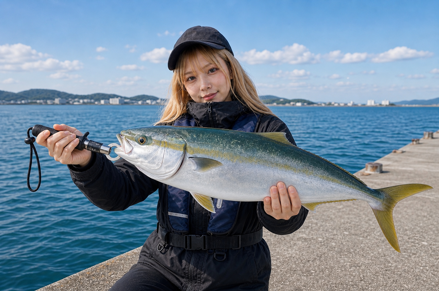 堤防泳がせ釣りで釣れた青物をフィッシュグリップで持つアングラー