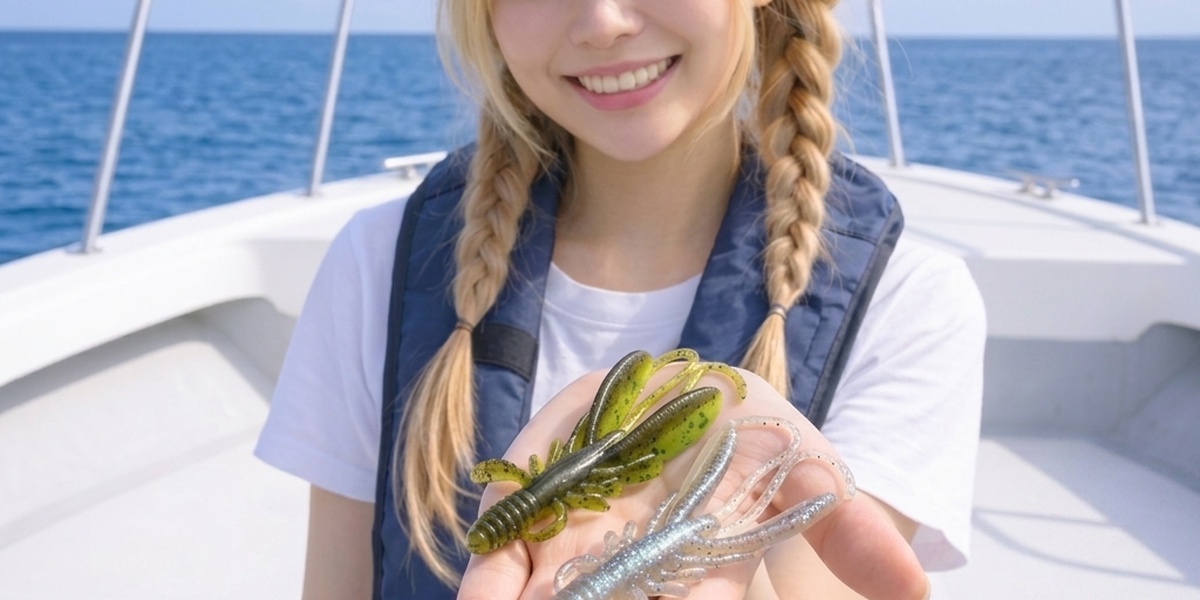 明石船タコで使うワームを手元で確認している様子