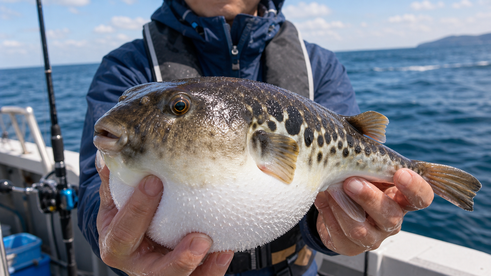 船の上でフグを大きく見せる釣り人