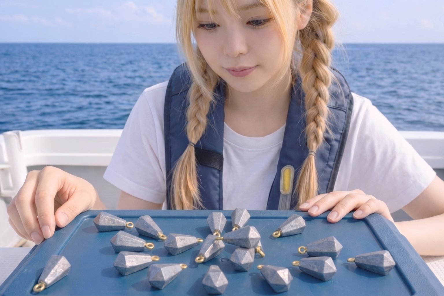 釣り用オモリの号数と重さを確認する様子
