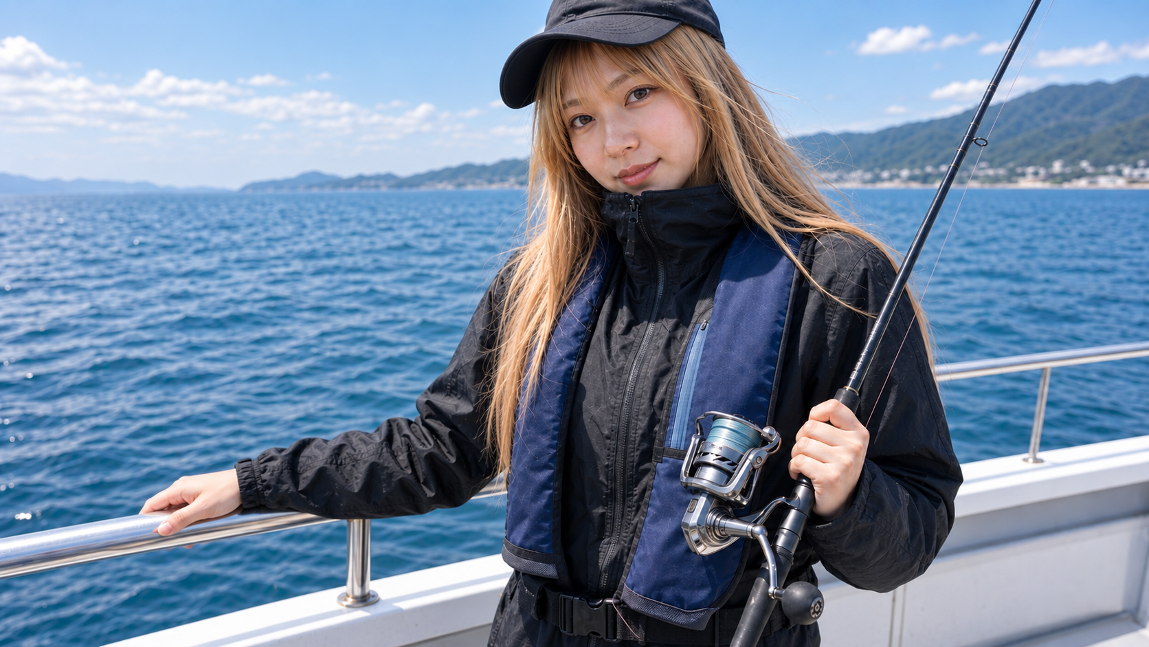 船上でシイラ用のロッドとスピニングリールを持つ女性