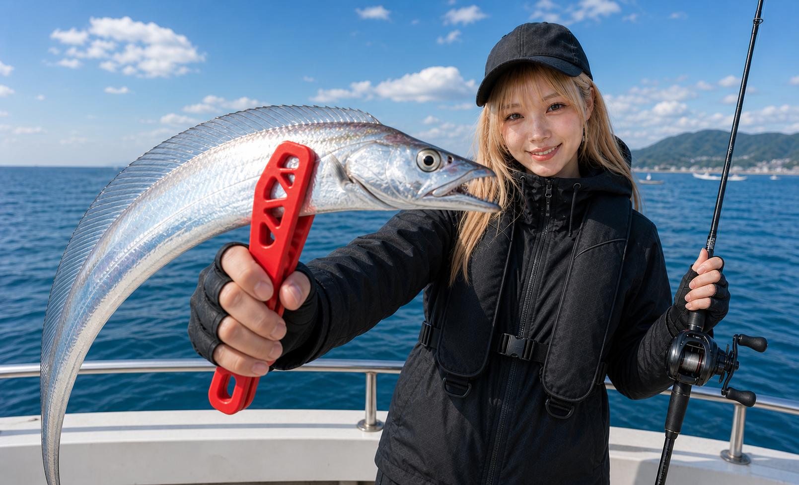 太刀魚をフィッシュグリップで持つ釣り人