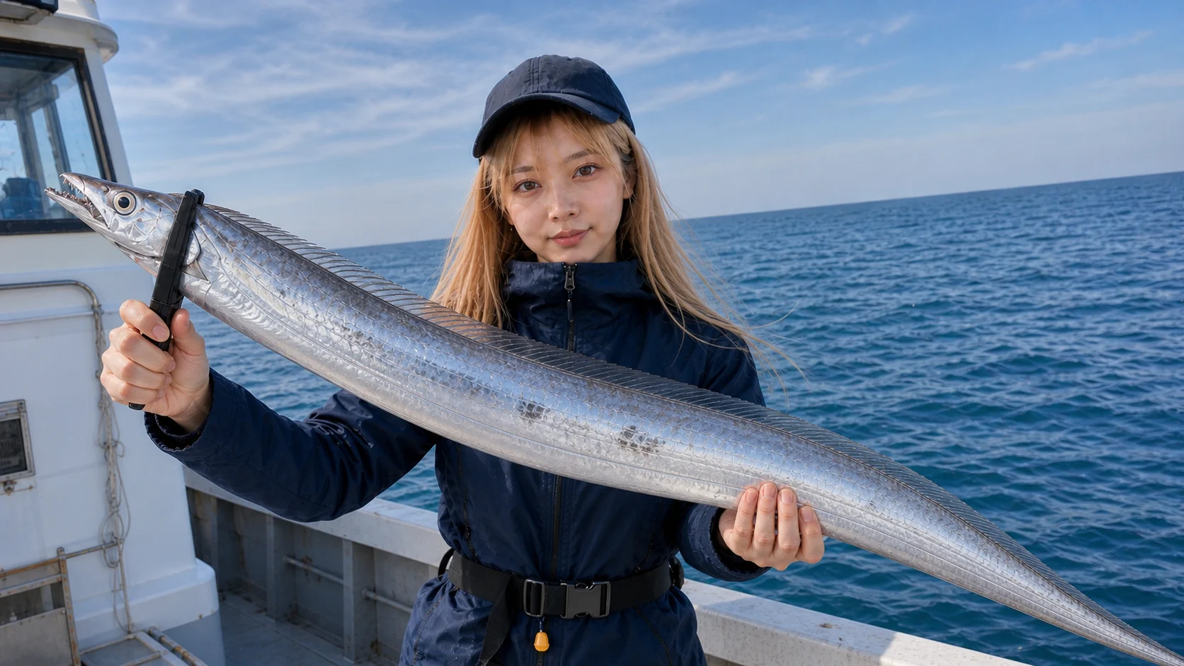 船上で釣り上げたタチウオを見せる女性アングラー