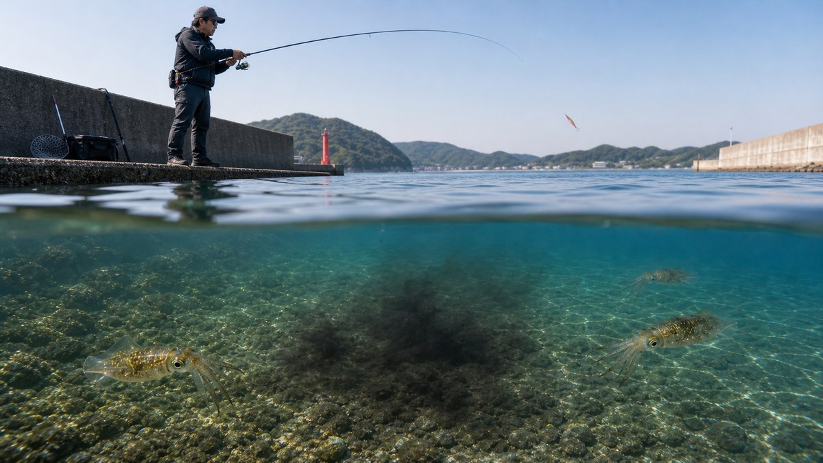 釣れた後も同じ場所を打ち続けて墨で場が荒れている様子