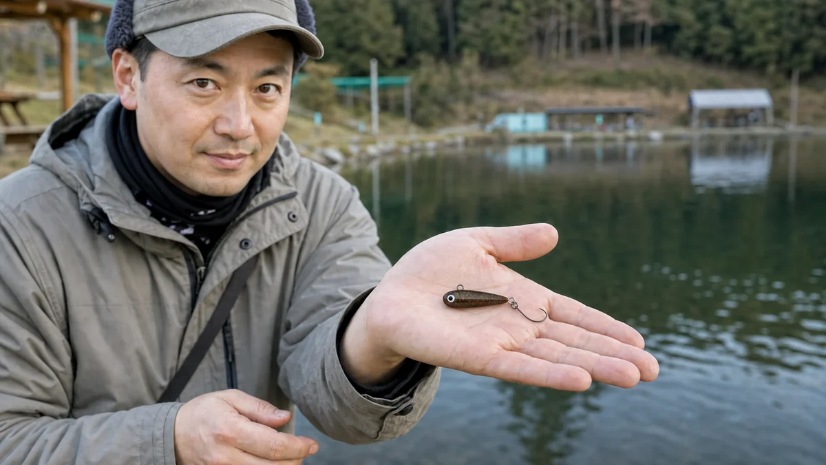 スミス ボトムノックスイマーエリアを手のひらに載せてカメラへ見せる男性