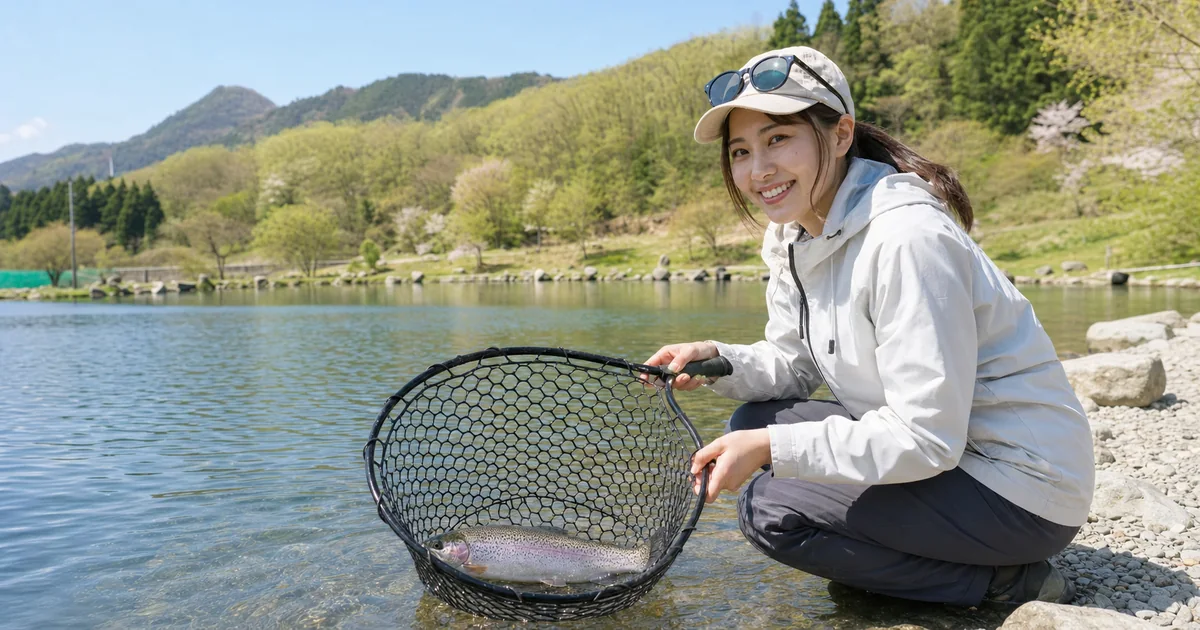 ランディングネットに入れたトラウトの釣果を見せる女性