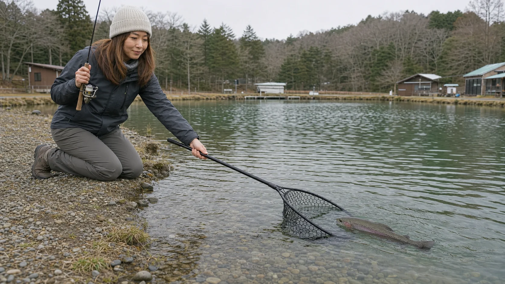魚の進行方向へラバーネットの枠を置いて頭から取り込む女性
