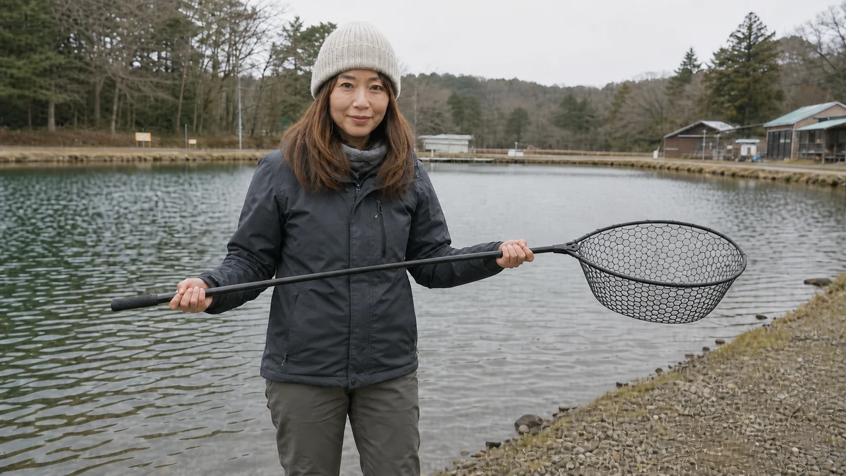 全長と枠の大きさが分かるエリアトラウト用ラバーネットを持つ女性