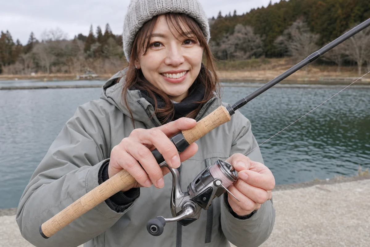 エリアトラウト用のロッドと小型スピニングリールを持つ女性