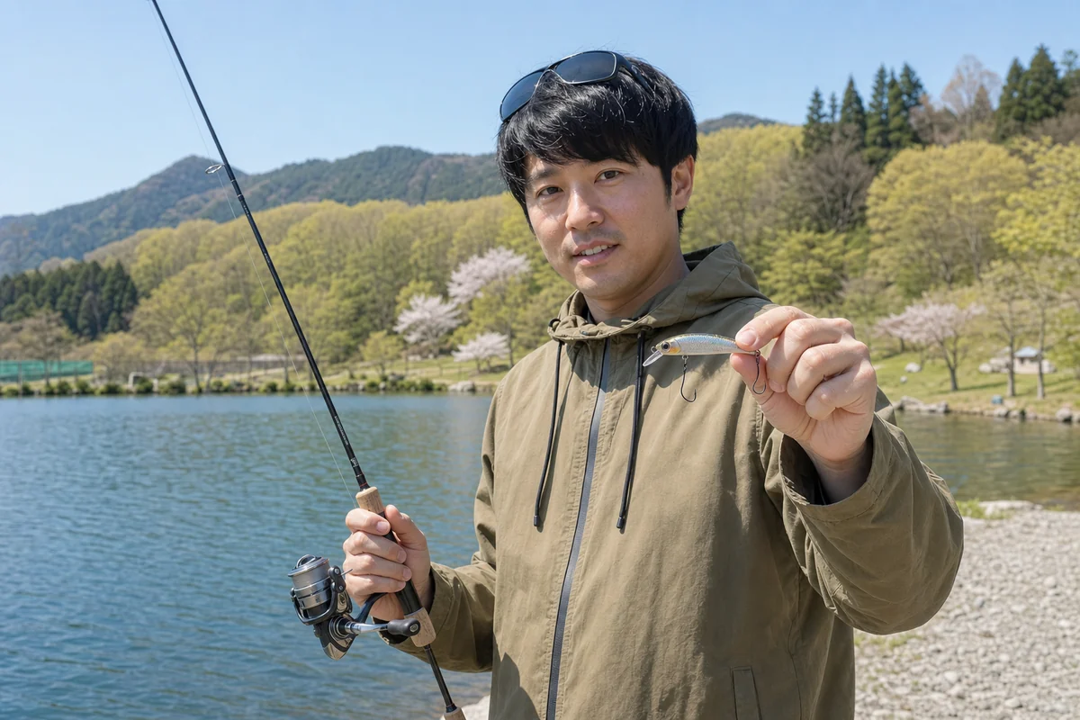 45〜55mmのエリアトラウト用ミノーを片手で見せ、もう片方の手でロッドを持つ男性