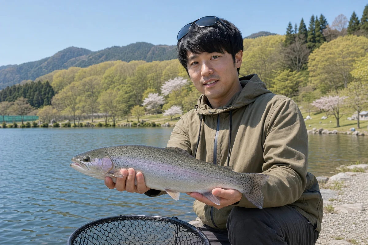 管理釣り場で釣り上げたニジマスを両手で持ち、釣果を見せる男性
