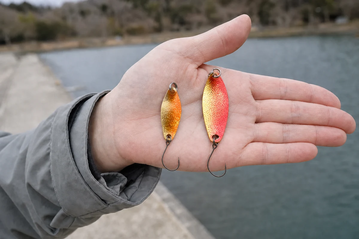 手のひらに並べた大きさの異なるエリアトラウト用スプーン