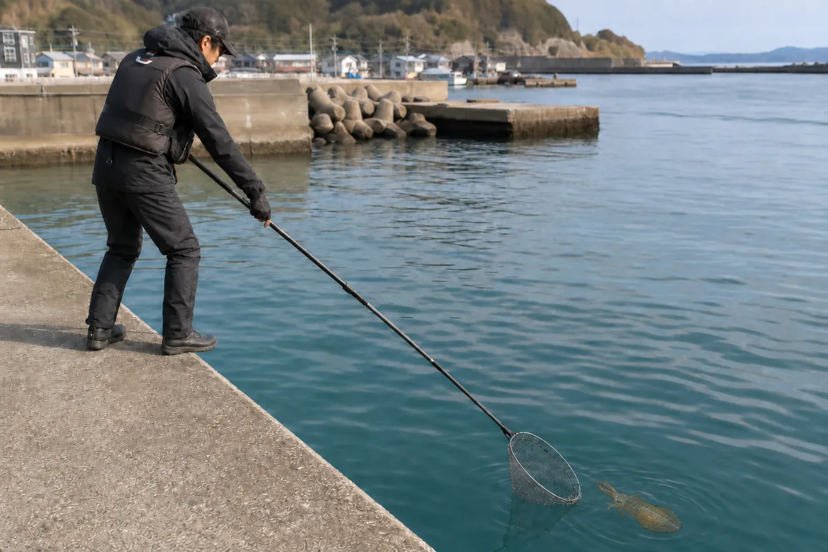 堤防から長いタモ網を下ろしてアオリイカを取り込む男性
