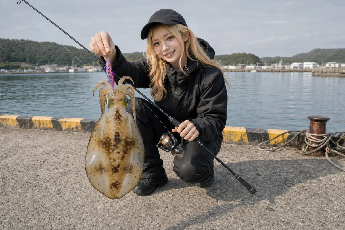 エギで釣ったアオリイカの釣果を見せる女性アングラー