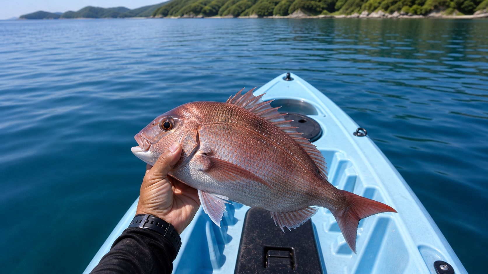 カヤックで釣ったマダイを手に持っている様子